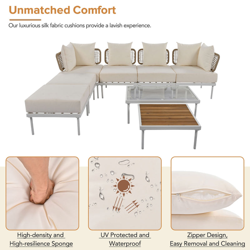 8-Piece Patio Sectional Sofa Set with Tempered Glass Coffee Table and Wooden Coffee Table for Outdoor Oasis, Garden, Patio and Poolside (Beige Cushion + White Steel)