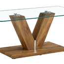 A modern minimalist style coffee table. Transparent tempered glass tabletop with wooden MDF columns. Suitable for living room and dining room. CT-V