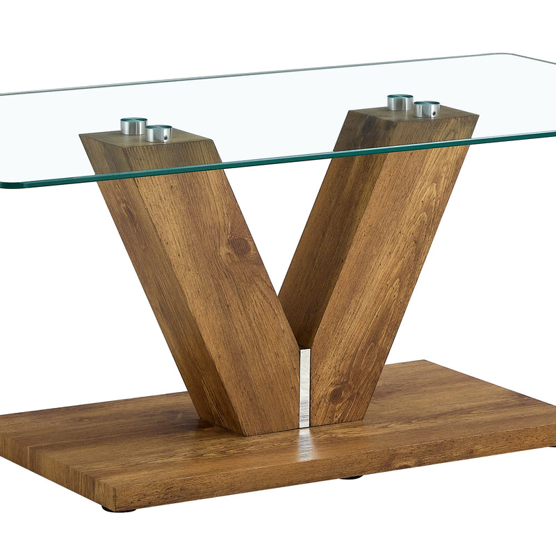 A modern minimalist style coffee table. Transparent tempered glass tabletop with wooden MDF columns. Suitable for living room and dining room. CT-V