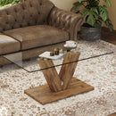 A modern minimalist style coffee table. Transparent tempered glass tabletop with wooden MDF columns. Suitable for living room and dining room. CT-V