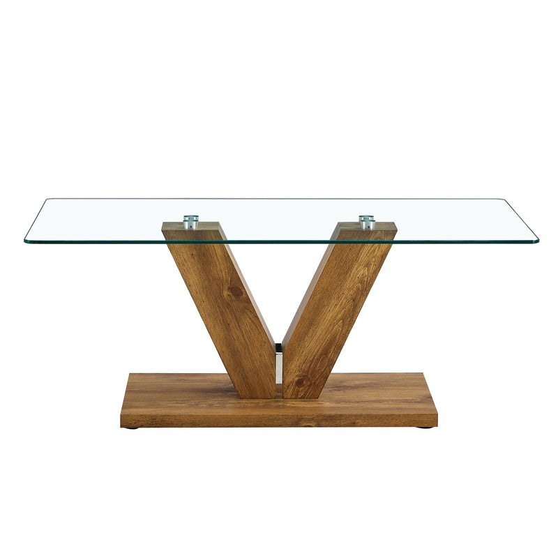 A modern minimalist style coffee table. Transparent tempered glass tabletop with wooden MDF columns. Suitable for living room and dining room. CT-V