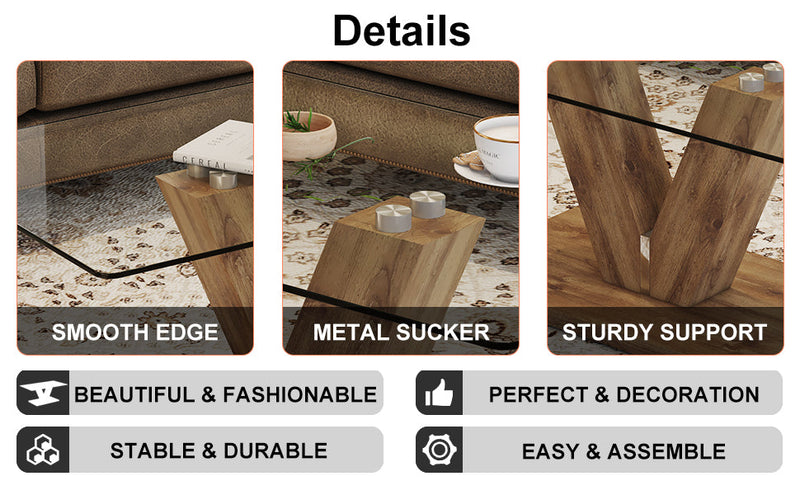 A modern minimalist style coffee table. Transparent tempered glass tabletop with wooden MDF columns. Suitable for living room and dining room. CT-V