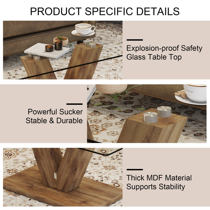 A modern minimalist style coffee table. Transparent tempered glass tabletop with wooden MDF columns. Suitable for living room and dining room. CT-V