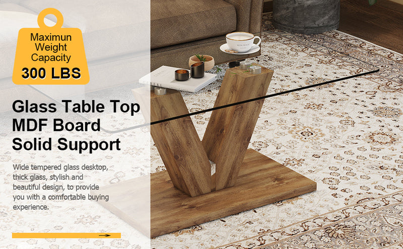 A modern minimalist style coffee table. Transparent tempered glass tabletop with wooden MDF columns. Suitable for living room and dining room. CT-V