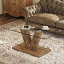 A modern minimalist style coffee table. Transparent tempered glass tabletop with wooden MDF columns. Suitable for living room and dining room. CT-V
