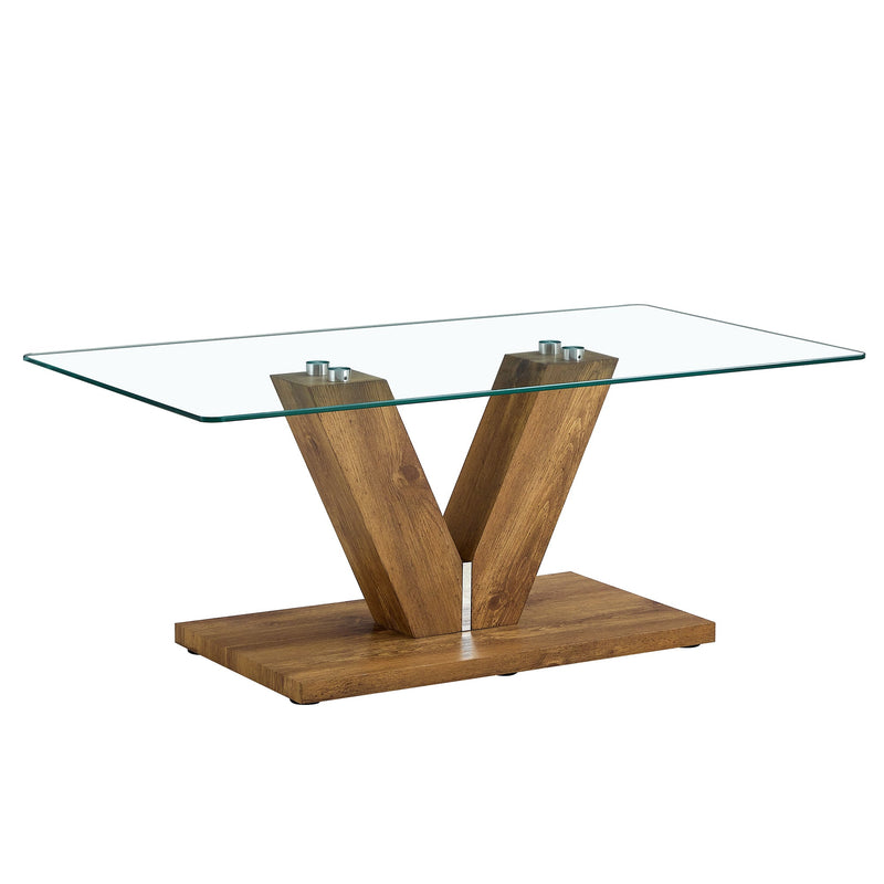 A modern minimalist style coffee table. Transparent tempered glass tabletop with wooden MDF columns. Suitable for living room and dining room. CT-V