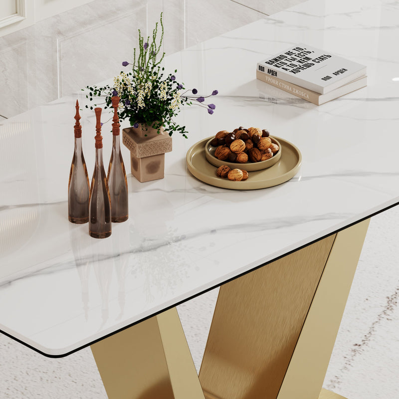 0.47" Thick Sintered Stone Composite Tempered Glass Top Dining Table with V-Shape Stainless Steel Base