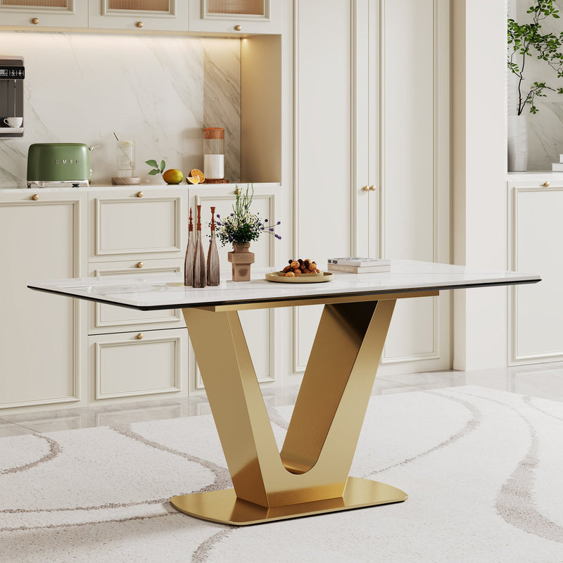 0.47" Thick Sintered Stone Composite Tempered Glass Top Dining Table with V-Shape Stainless Steel Base