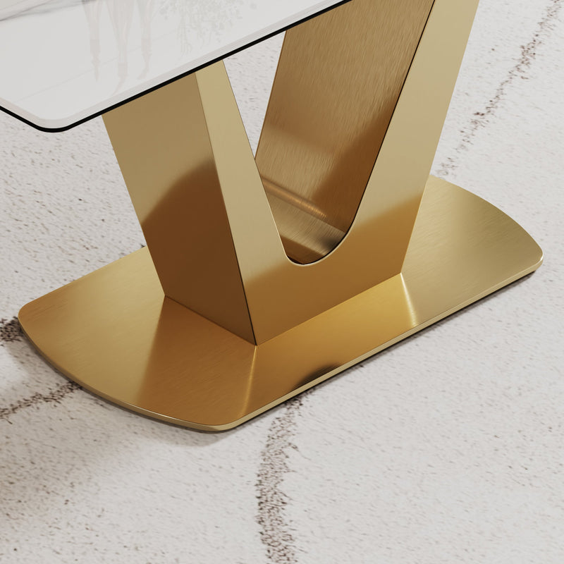 0.47" Thick Sintered Stone Composite Tempered Glass Top Dining Table with V-Shape Stainless Steel Base