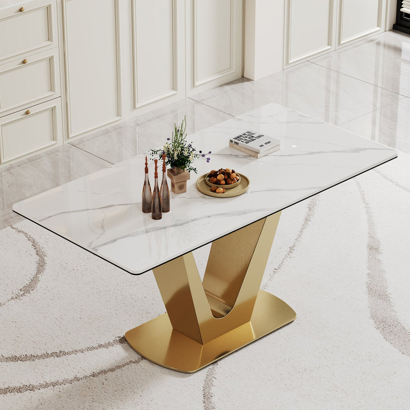0.47" Thick Sintered Stone Composite Tempered Glass Top Dining Table with V-Shape Stainless Steel Base