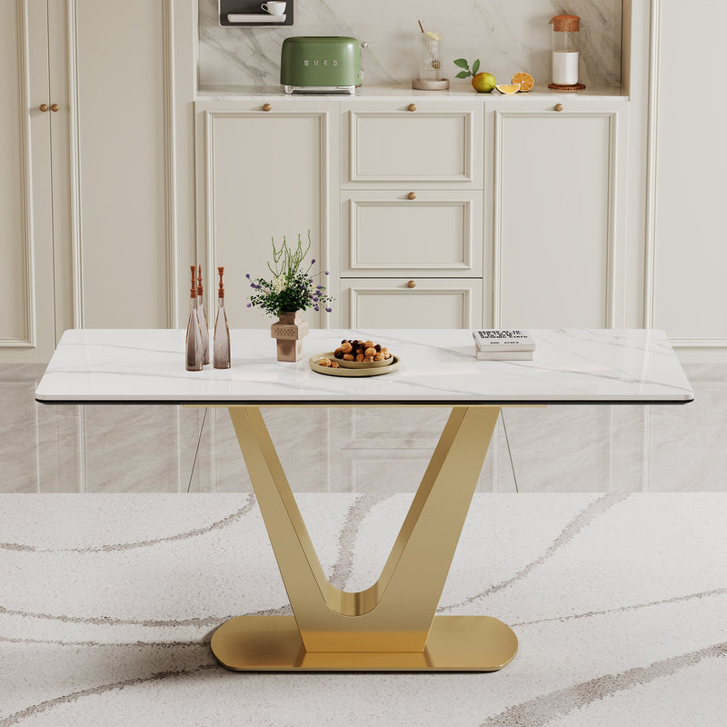 0.47" Thick Sintered Stone Composite Tempered Glass Top Dining Table with V-Shape Stainless Steel Base