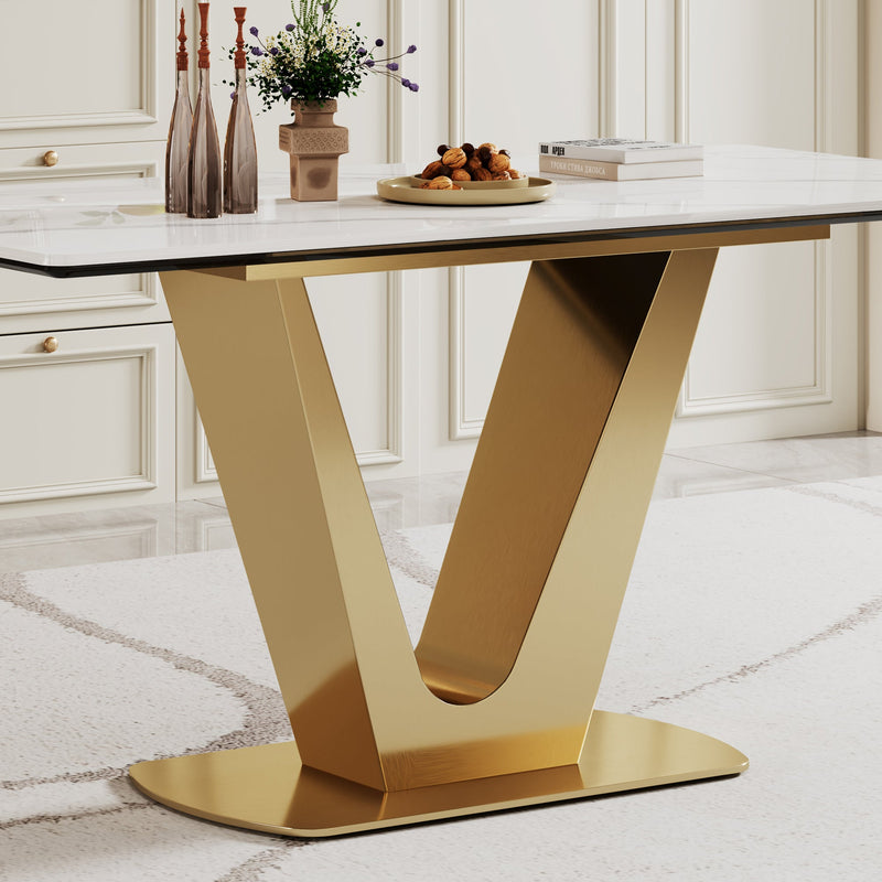 0.47" Thick Sintered Stone Composite Tempered Glass Top Dining Table with V-Shape Stainless Steel Base