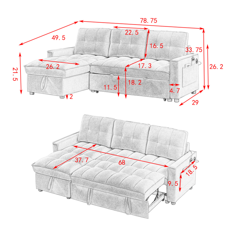 78.75" Reclining Sofa, Pull-Out Sofa Bed with USB and tape-c charging ports, L-Shaped Sectional Sofa with Reclining Storage and Arm Side Organizer Pocket Features, Living Room Comfort Sofa