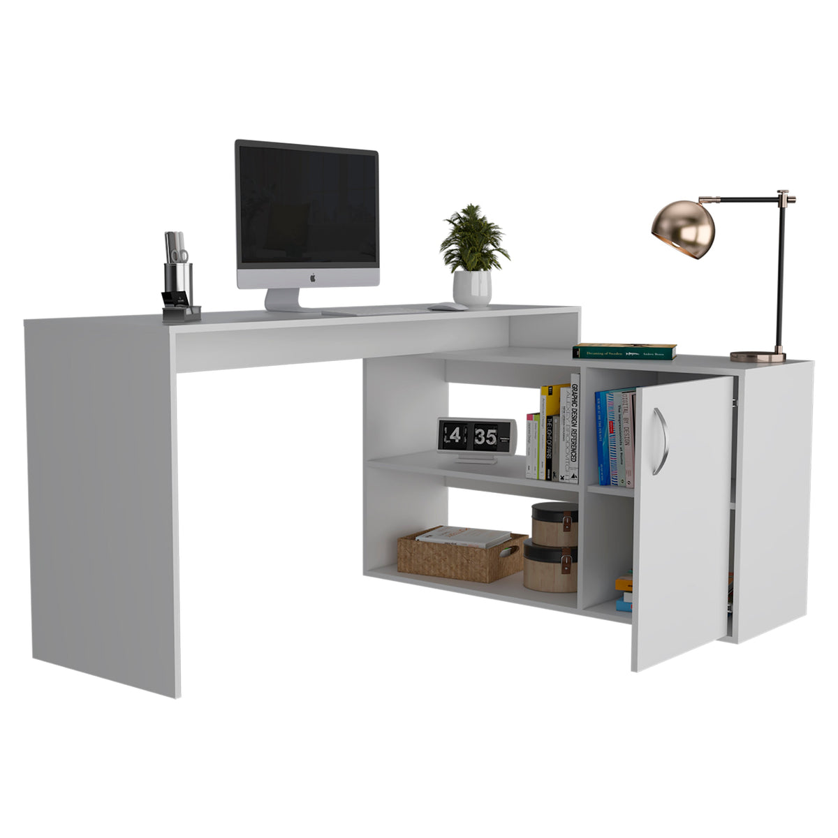 Axis Modern L-Shaped Computer Desk with Open & Closed Storage - White, photo 4 of 5