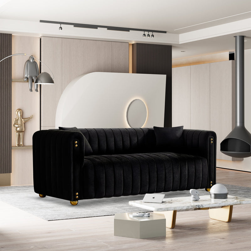 79.92" Modern Vertical Channel Tufted Velvet Sofa,Comfortable Sofa for Living Room-Black