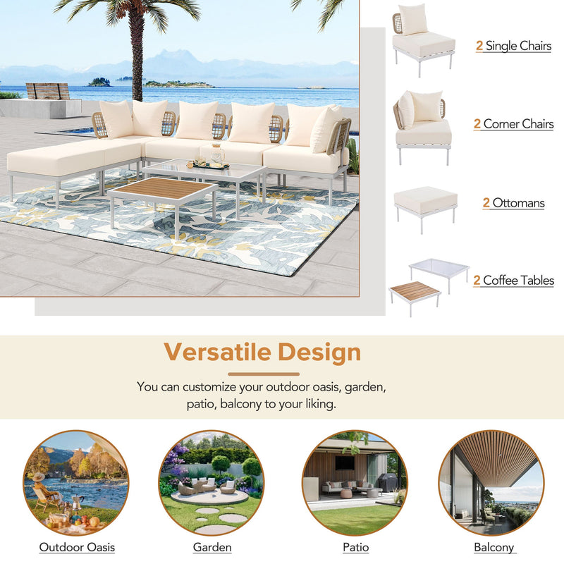 8-Piece Patio Sectional Sofa Set with Tempered Glass Coffee Table and Wooden Coffee Table for Outdoor Oasis, Garden, Patio and Poolside (Beige Cushion + White Steel)