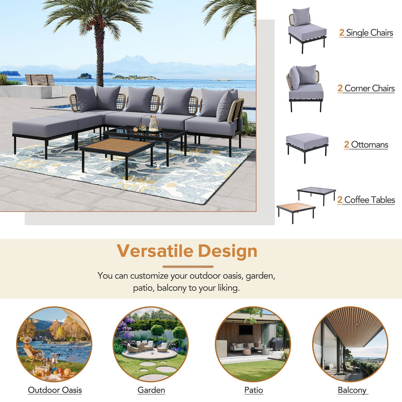 8-Piece Patio Sectional Sofa Set with Tempered Glass Coffee Table and Wooden Coffee Table for Outdoor Oasis, Garden, Patio and Poolside (Light Grey Cushion + Black Steel)