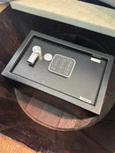 Whiskey & Wine Barrel Armchair with Hidden Safe — Memory Foam, Dark Navy Blue Upholstery