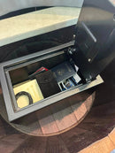 Whiskey & Wine Barrel Armchair with Hidden Safe — Memory Foam, Dark Navy Blue Upholstery