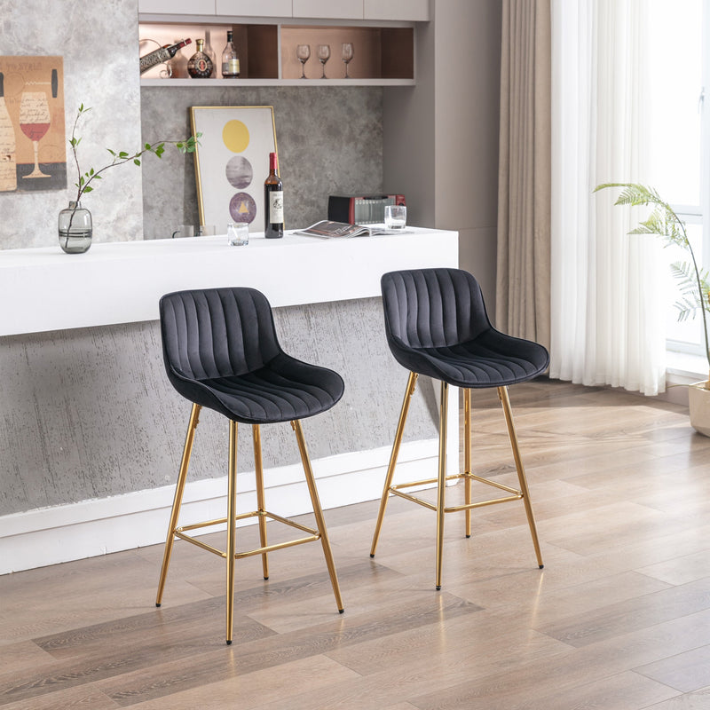 26 Inch Set of 2 Bar Stools, with Chrome Footrest Velvet Fabric Counter Stool Golden Leg Simple Bar Stool, BLACK