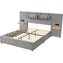 Full size upholstered platform bed with two outlets and USB charging ports on both sides, two bedside pillows, storage shelf, Velvet,Gray