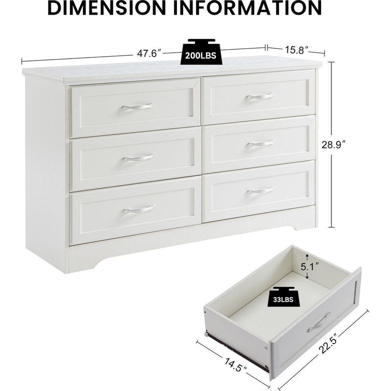 Modern 3 Drawer Bedroom Chest of Drawers with 6 Drawers Dresser, Clothes Organizer -Metal Pulls for Living Room, Bedroom, Hallway, White,47.6" x 15.7" x 28.9"