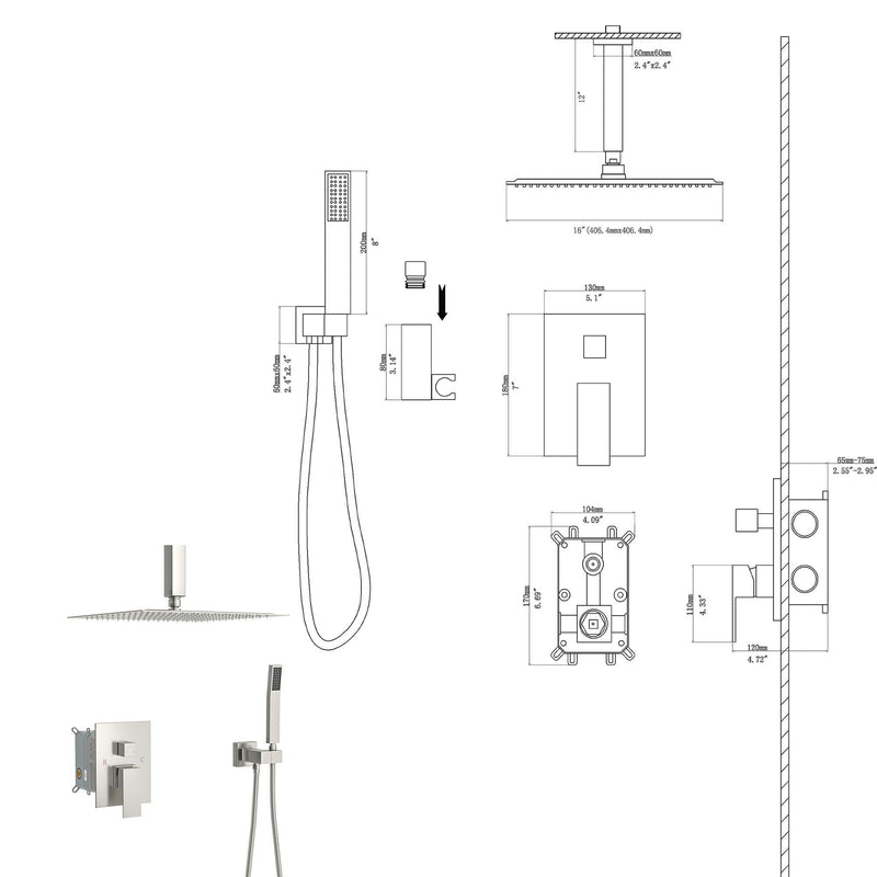 Dual Shower Head 16" Ceiling Mount Square Shower System With Rough In Valve, photo 5 of 18