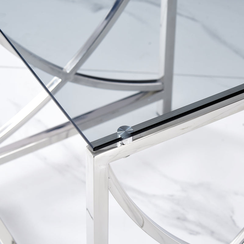 3 Pieces Silver Square Nesting Glass End Tables- Small Coffee Table Set- Stainless Steel Small Coffee Tables with Dark Gray Tempered Glass- 18" Modern Minimalist Side Table for Living Room (Curve)