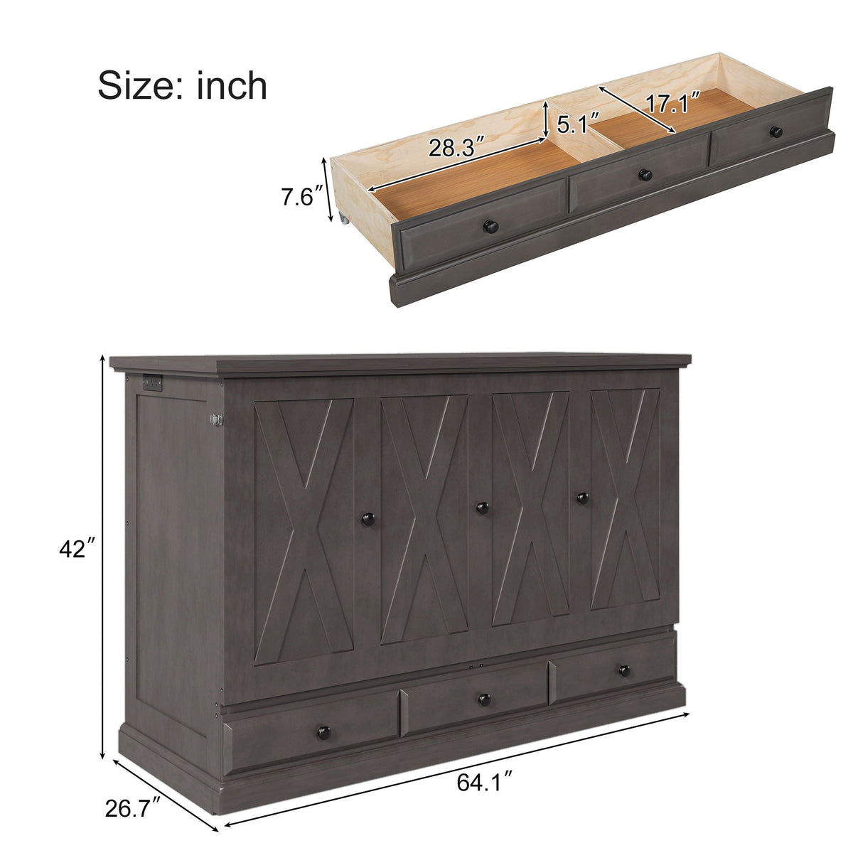Murphy Bed Chest Cube Cabinet With Charging Station And Large Storage Drawer, photo 8 of 22