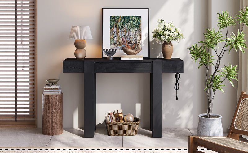 TREXM Rustic Minimalist Console Table with Hidden Drawer, Side Power Outlet, photo 3 of 10