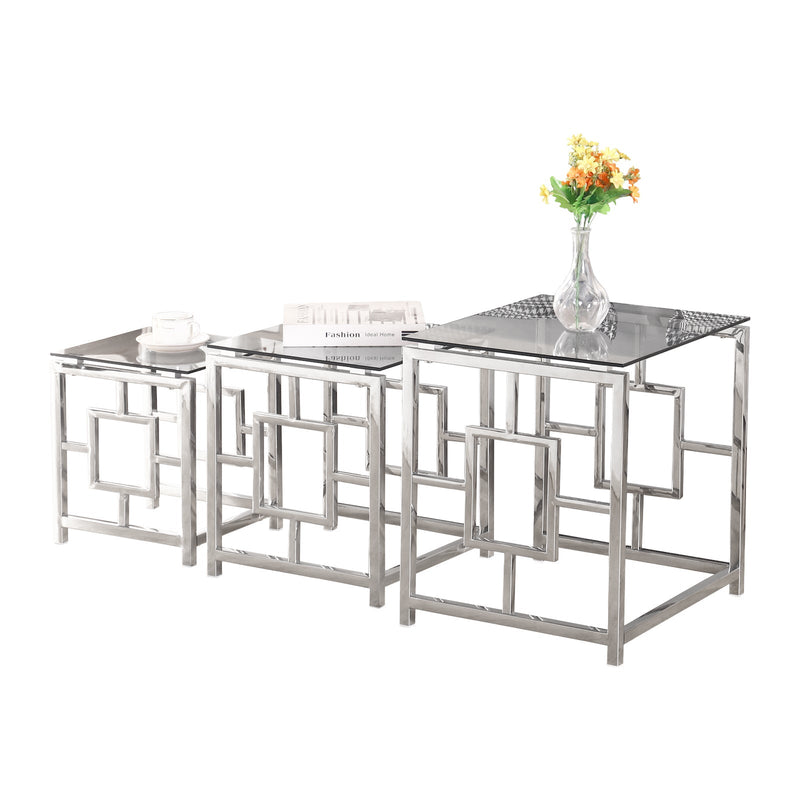 3 Pieces Silver Square Nesting Glass End Tables- Small Coffee Table Set- Stainless Steel End Tables with Dark Gray Tempered Glass- 18" Modern Minimalist Small Coffee Tables for Living Room