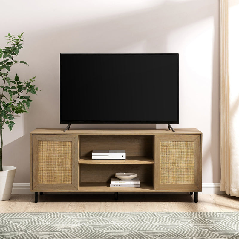 58" 2 Door Wood and Rattan TV Stand