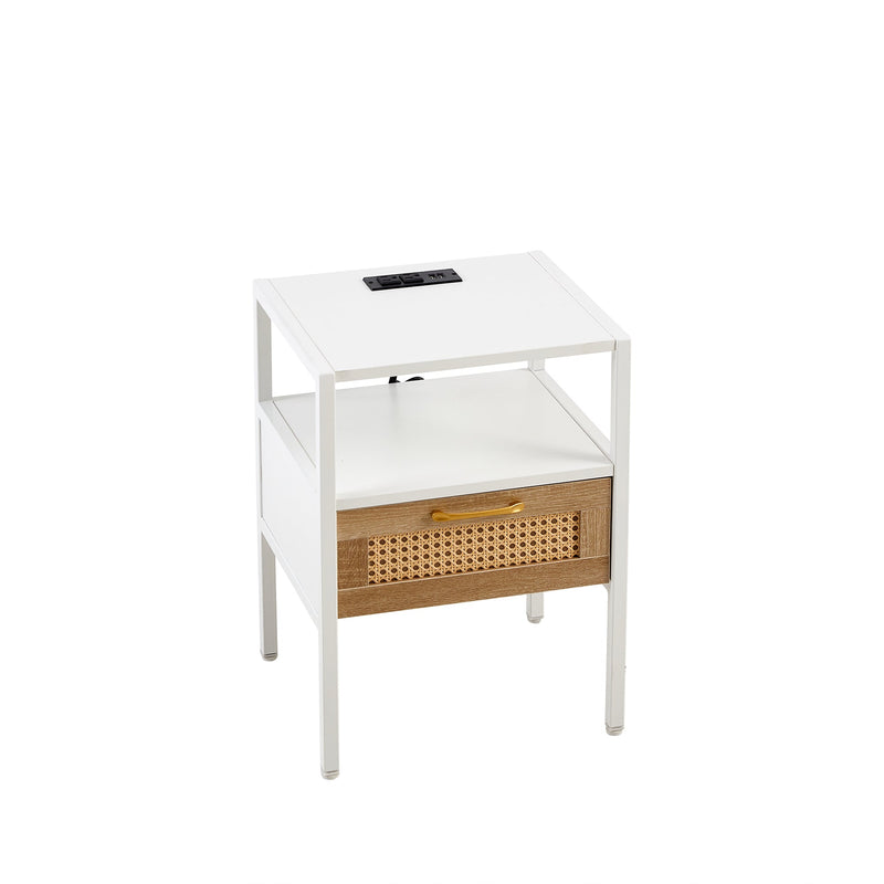 15.75" Rattan End table with Power Outlet & USB Ports, Modern nightstand with drawer and metal legs, side table for living room, bedroom,white(1 PC)