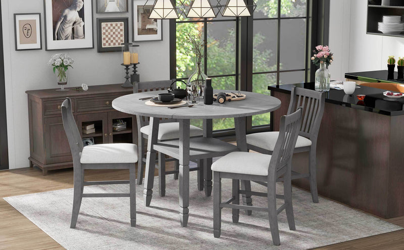 5-Piece Counter Height Dining Table Set in 2 Table Sizes with 4 Folding Leaves and 4 Upholstered Chairs for Dining Room (Gray+Beige Cushion)