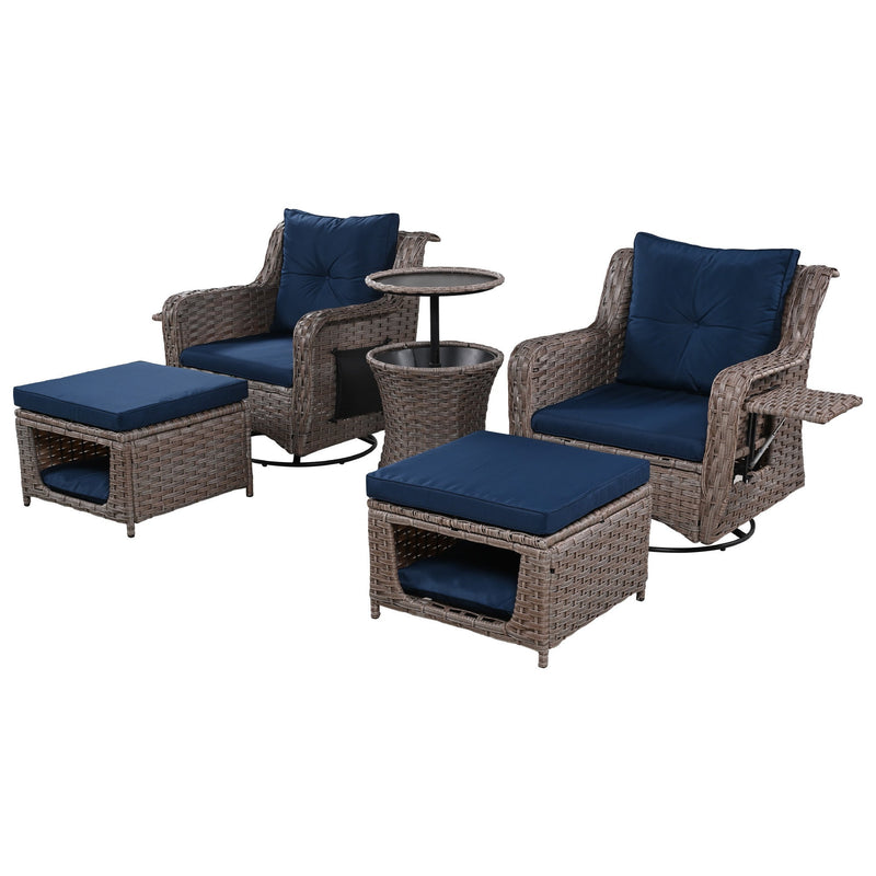 5 Pieces Outdoor Patio Furniture Set with Pet House Cool Bar and Retractable Side Tray, Rattan Wicker Patio Swivel Rocking Chairs Set of 2 with Ottomans for Backyard, Porch, Balcony, Navy Blue