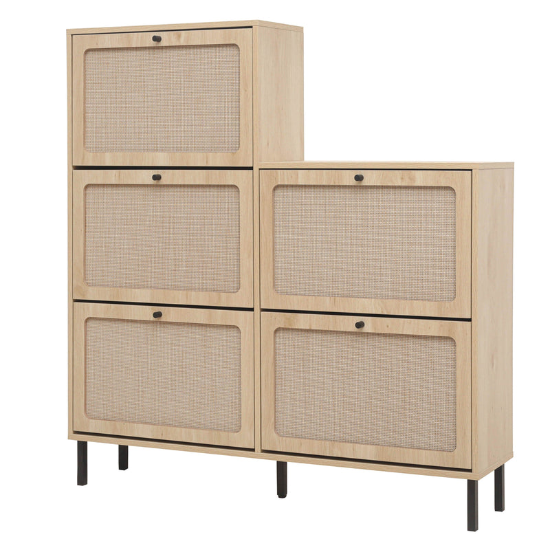 Walker Edison - Rattan 5 Door Shoe Rack, Freestanding Modern Shoe Storage Cabinet, for Entryway