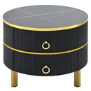 27.5" & 19.6" Stackable Coffee Table with 2 Drawers, Nesting Tables with Brown Tempered Glass and High Gloss Marble Tabletop, Set of 2, Round Center Table for Living Room, Black