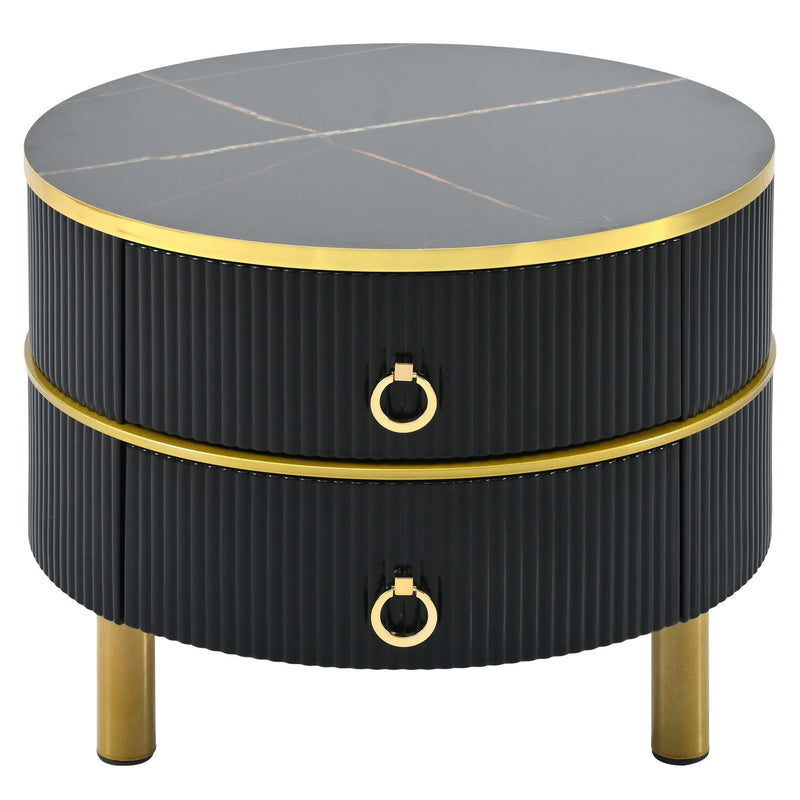 27.5" & 19.6" Stackable Coffee Table with 2 Drawers, Nesting Tables with Brown Tempered Glass and High Gloss Marble Tabletop, Set of 2, Round Center Table for Living Room, Black