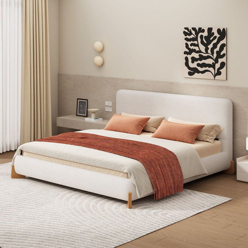 Elegant Boucle Upholstered Bed, A Luxurious and Comfortable Bedroom Centerpiece, King Size, White