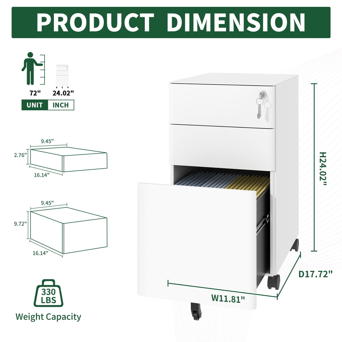 3-Drawer Mobile File Cabinet With Lock, On Wheels - White, photo 2 of 4