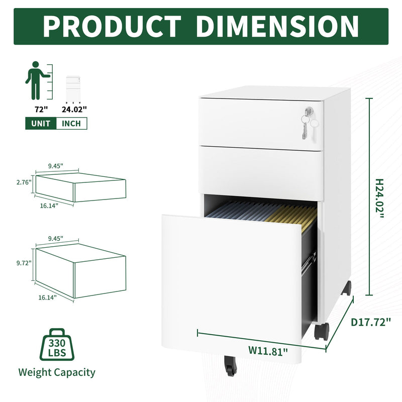 3-Drawer Mobile File Cabinet With Lock, On Wheels - White, photo 2 of 4