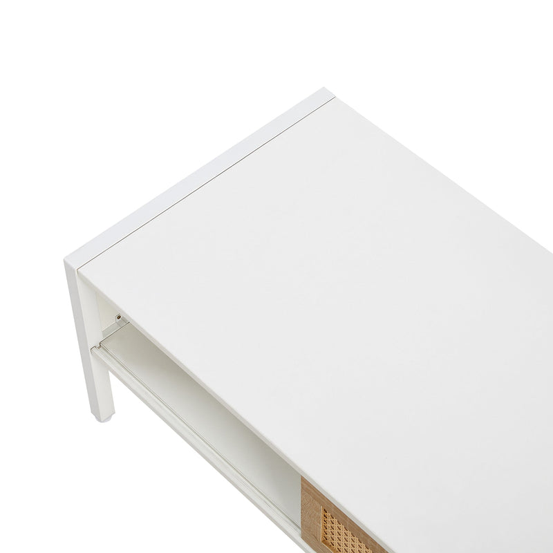 40.16" Rattan Coffee table, sliding door for storage, metal legs, Modern table for living room, white