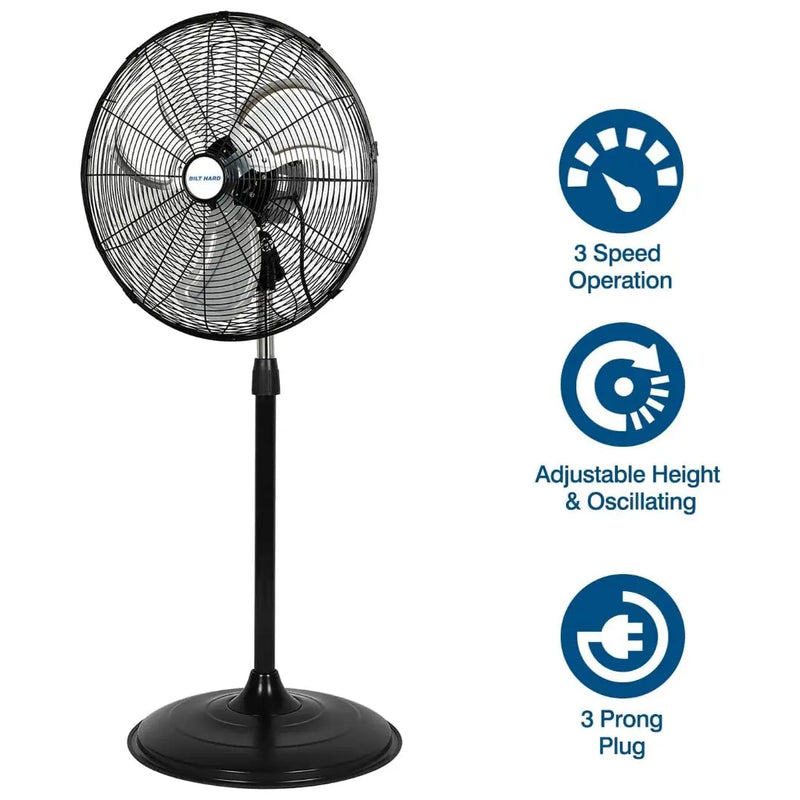BILT HARD 20" High Velocity Oscillating Pedestal Fan: 5200 CFM, 3-Speed Industrial Stand Fan