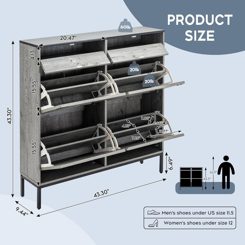 Large Shoe Cabinet with 4 Flip Drawers, Freestanding Shoe Cabinet Organizer with Metal Drawer Bracket, Shoes Storage Cabinet for Entryway, Narrow Shoe Rack Cabinet,Washed Gray