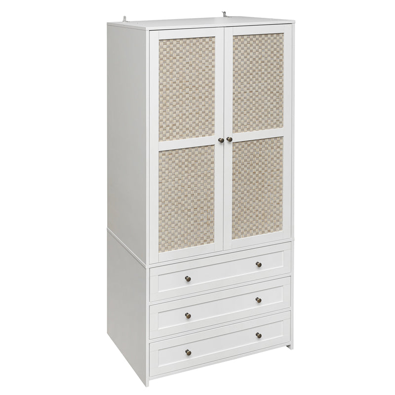 Walker Edison - 2-Door Wardrobe with 3 Drawers High Wardrobe  Armoire With 2 Rattan Door For Living Room, Bedroom Organizer