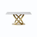 63" Modern Artificial Stone Panel Double-Ring Stainless Steel Metal Legs, Can Accommodate 6-8 People - White / Gold by Unique Piece Furniture