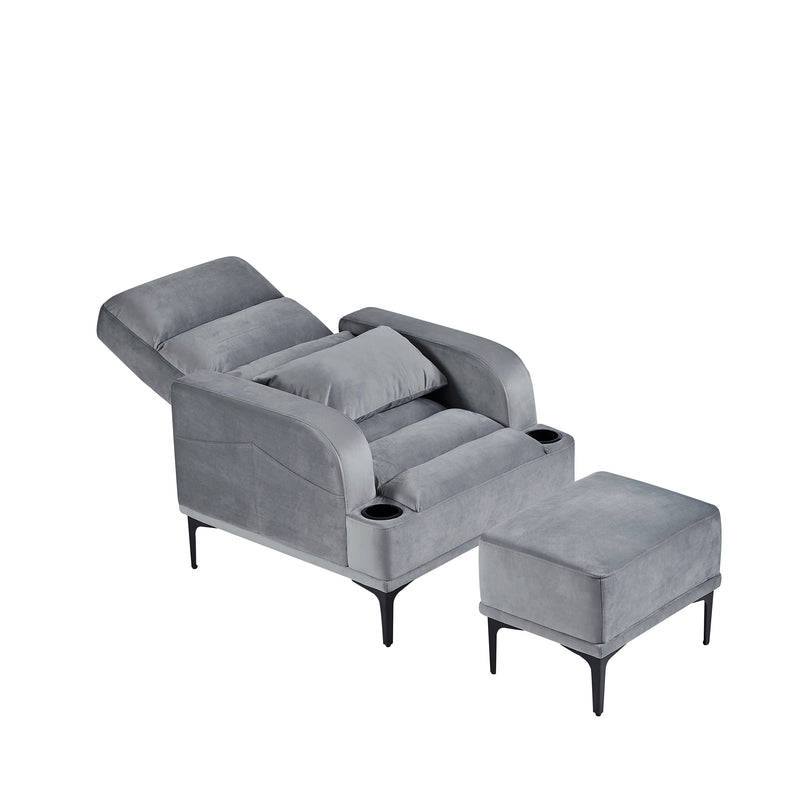 Accent Chairs with Ottoman, Velvet Fabric Armchair with Ottoman for Bedroom Living Room, Modern Chair with cup holder, Adjustable Backrest and Side Pockets.
