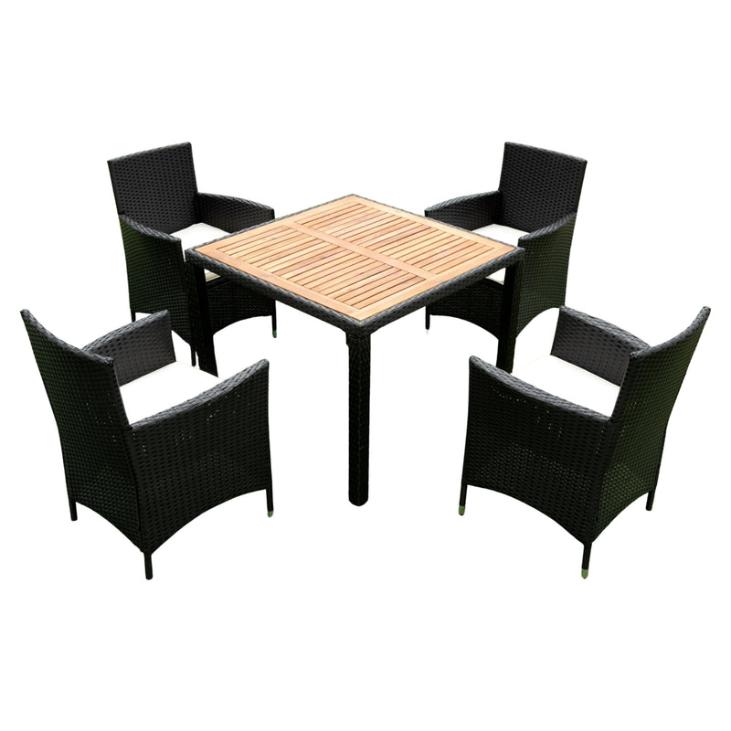 Walker Edison | 5 piece Outdoor Patio Wicker Dining Set Patio Wicker Furniture Dining Set w/Acacia Wood Top Black Wicker + Creme Cushion