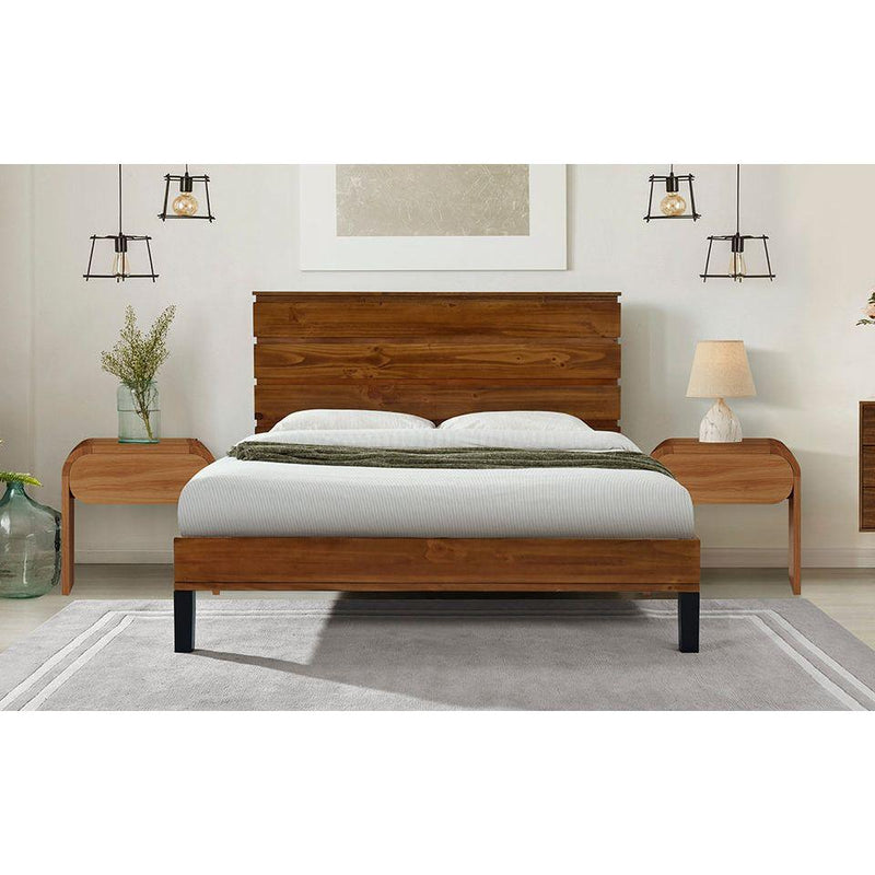 Mid-Century Modern Solid Wood Bed Frame Queen Size Platform Bed with Six-Piece Headboard Design, No Box Spring Needed, Brown