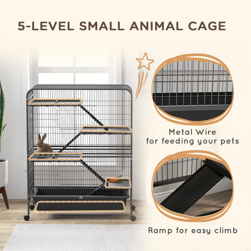 53.5" Small Animal Cage, 5-Level Metal Ferret or Bunny Cage with Wheels, Chinchilla Cage with Removable Tray, 2 Front Doors, Ramps, Gray